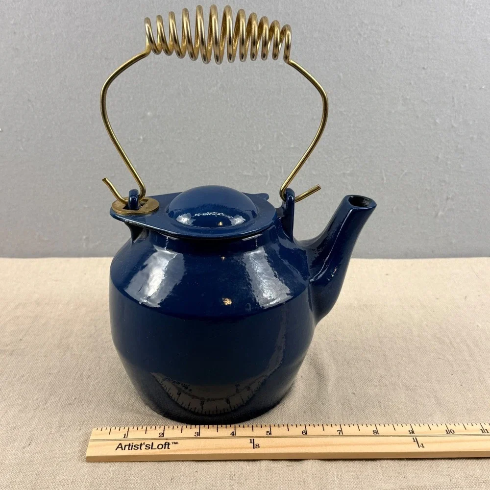 MCM‎ Blue Enamel Cast Iron Teapot Spring Handle Quistgaard Style Danish Modern